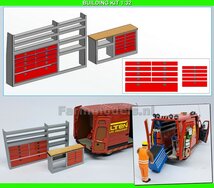 BOUWKIT: Service bus inrichting met RODE stickers t.b.v. de gereedschaps lades, geschikt voor inbouw o.a. Marge models Mercedes Sprinters  1:32