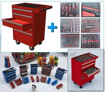 Gereedsschap Trolly ROOD met 1 OPEN LADE, handgeschildert SMALLE UITVOERING geleverd incl. 6 losse gereedschaps stickervelletjes  1:32