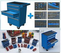 Gereedsschap Trolly BLAUW met 1 OPEN LADE, handgeschildert SMALLE UITVOERING geleverd incl. 6 losse gereedschaps stickervelletjes  1:32