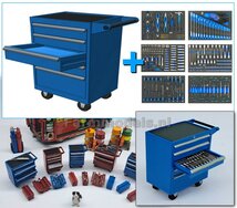 Gereedsschap Trolly BLAUW met 1 OPEN LADE, handgeschildert BREDE UITVOERING geleverd incl. 6 losse gereedschaps stickervelletjes  1:32