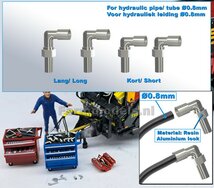 4x KNIE-koppelingen (2x kort + 2x Lang)  geschikt voor hydroliek leiding van Ø 0.8 mm  3D geprint kunststof aluminium gespoten geleverd  1:32     