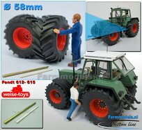 Ø 58 x 28 mm: FENDT 612- 615 WeiseToys: 2x Brede banden + ALU. velgen FENDT ROOD Gespoten+  Ø3 mm as + U-profiel 1:32 Farmmodels Custom Line Series   