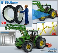 Ø 59.6 x 8.7 mm: 2x CULTUUR BANDEN (nr. 2B) met ALUMINIUM DUBBELLUCHT VELGEN, velgen NH WIT Gespoten geleverd 1:32 Farmmodels Custom Line Series.