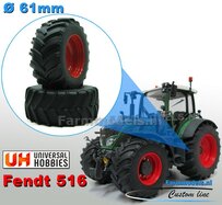 Ø 61 x 25 mm : FENDT 516 UH: 2x Brede Banden (nr. 2A) + ALU. velgen FENDT ROOD Gespoten geleverd 1:32 Farmmodels Custom Line Series 