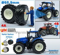 Ø 65.9 x 29.2 mm: NEW HOLLAND T7.300 BLUE UH: 2x Brede Banden + ALU. Velgen NEW HOLLAND WIT Gespoten 1:32 Farmmodels Custom Line Series  