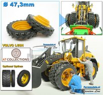 Ø 47.3 mm: 2x Dubbellucht Shovel banden + ALUMINIUM velgen VOLVO GEEL Gespoten geleverd passend in de Aluminium Farmmodels Volvo L60H serie  1:32         