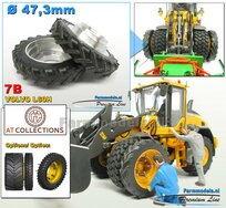 Ø 47.3 mm: 2x Dubbellucht Shovel banden + ALUMINIUM velgen BLANK geleverd passend in de Aluminium Farmmodels Volvo L60H serie  1:32         