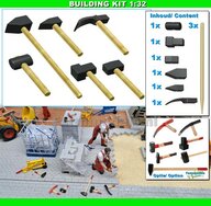 BOUWKIT: 6x STRATENMAKER HAMERS + HOUTEN STELEN Ø 1.6-1.7mm Materiaal Resin, 2x ZWART MATT + 4x ZWART GLANS Gespoten + HOUT BLANK geleverd 1:32