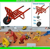 BOUWKIT: STEEN KRUIWAGEN Materiaal Resin, DONKER ROOD + RAL 7040 (BOLLE DICHTE VELG) Gespoten met ZWART Geschilderde HANDVATEN geleverd 1:32