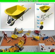 BOUWKIT: KRUIWAGEN 100 liter Materiaal Resin, GEEL MATT/ ZWART MATT/ ALUMINIUM GLANS Gespoten met GEEL Geschilderde HANDVATEN geleverd 1:32