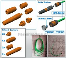 TUINSLANG SET:  1x Mondstuk, 2x Koppelstuk slang, 1x verlengstuk, 2x aansluiting kraan/ hogedrukspuit. Past aan tuinslang Ø 0.5 mm ORANJE Gespoten geleverd 1:32