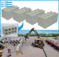 4x STAPELBLOK 4x2 NOKKEN  Afm. blok: 50 x 25 x 25mm  Mat. GRIJS KUNSTSTOF CONCRETE BETONLOOK Gespoten  1:32    NB2B