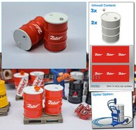 2x Zetor OLIEDRUMS + 3x losse doppen OLIEDRUMS Resin WIT GLANS gespoten geleverd + Zetor Pré-Cut Decal stickersets 1:32
