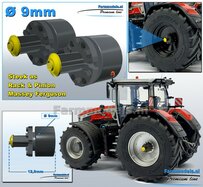 2x  MASSEY FERGUSON   Ø 9mm t.b.v. ACHTERAS MF CHASSIS GRIJS+GEEL  Geleverd  1:32  Farmmodels Premium Line Series