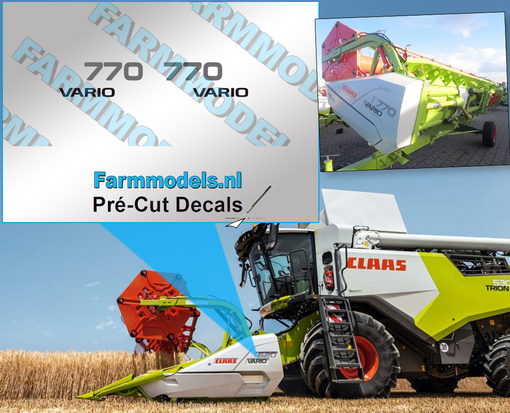 Claas VARIO 770 VARIO als één stuk  typesticker (links en rechts) op transparante folie 2,2x8 mm Pré-Cut Decals 1:32 Farmmodels.nl