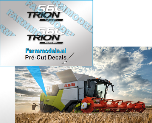 Claas Trion 660 'Montana' Type sticker (witte cijfers, links en rechts) (geschikt voor Wiking Trion 750) Pré-Cut Decals 1:32 Farmmodels.nl