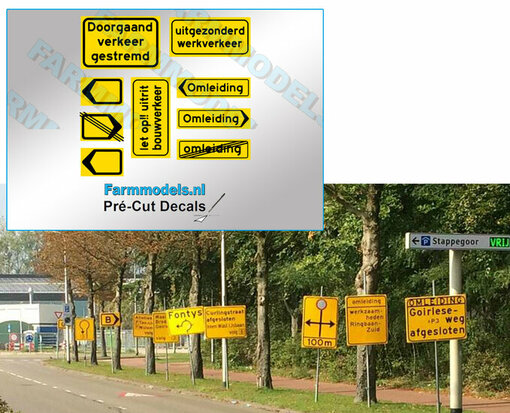 Verkeersbord - omleiding Doorgaand Verkeer / Verkeer assorti-set - diverse afmetingen Pré-Cut Decals 1:32 Farmmodels.nl