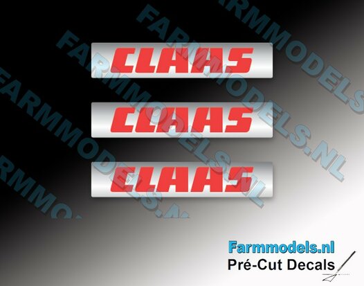 3x CLAAS "RVS look"  Kentekenplaatsticker CLASSS logo in rood op zilvergrijs stickerfolie Pré-Cut Decals 1:32 Farmmodels.nl