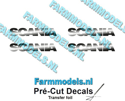 4x Scania naam logo tbv gril op zilvergrijs stickerfolie Pré-Cut Decals 1:32 Farmmodels.nl