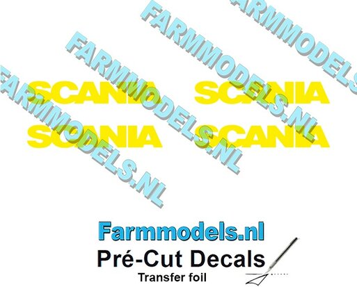 4x Scania naam logo tbv gril op gele stickerfolie Pré-Cut Decals 1:32 Farmmodels.nl