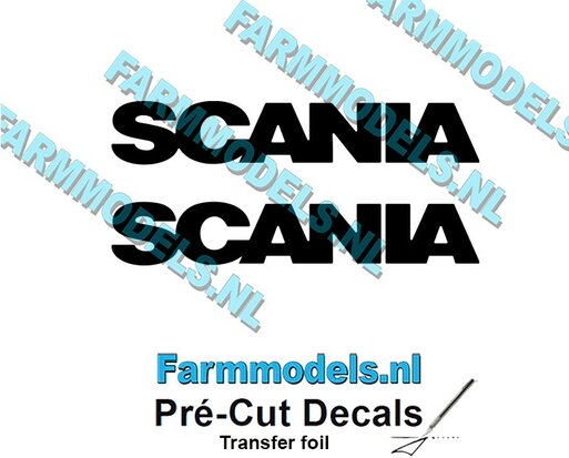 2x Scania naam logo uit glanzend zwarte stickerfolie gesneden 40mm x 7mm Pré-Cut Decals 1:32 Farmmodels.nl