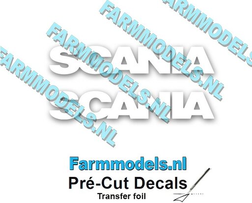 2x Scania naam logo uit witte stickerfolie gesneden 40mm x 7mm Pré-Cut Decals 1:32 Farmmodels.nl