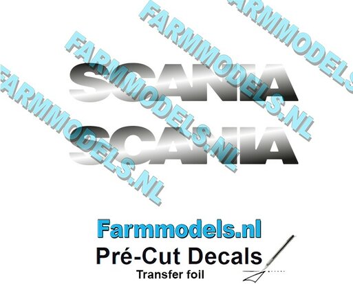 2x Scania naam logo uit zilvergrijze stickerfolie gesneden 40mm x 7mm Pré-Cut Decals 1:32 Farmmodels.nl