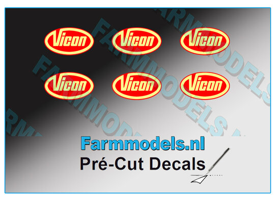 Vicon Logo 6x GEEL/ ROOD 5 mm hoog Pré-Cut Decals 1:32 Farmmodels.nl