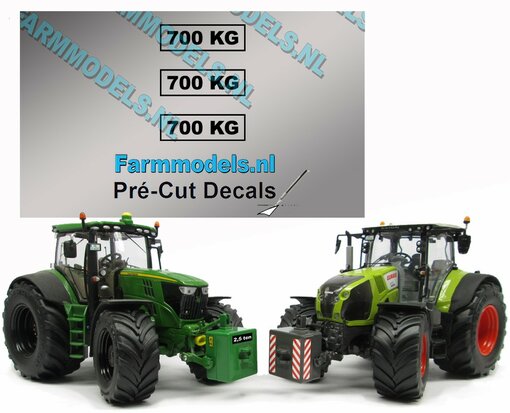 700 KG stickers, Geschikt voor diverse frontgewichten. 3 x 9 mm op transparante folie. Pré-Cut Decals 1:32 Farmmodels.nl