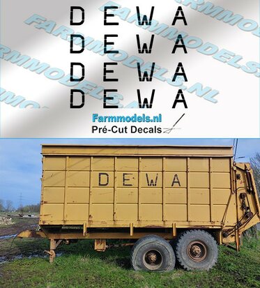 4x DEWA logo oud in zwart geprint  13,6mm hoog x 78,7mm breed. Pré-Cut Decals 1:32 Farmmodels.nl