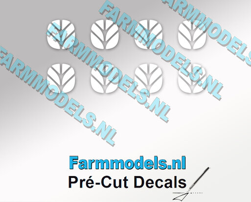 8x witte NH logo's op transparante folie 5mm hoog x 5mm breed. Pré-Cut Decals 1:32 Farmmodels.nl