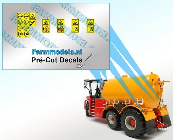 5x Gevarenstickers Vervaet mesttank originele afbeeldingen Pr&eacute;-Cut Decals 1:32 Farmmodels.nl