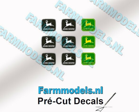 Verzamelset John Deere LOGO OUD 9x (groen en zwart) ong. 4x4.5mm stickers met omlaag springend &quot;Hertje&quot; Decals 1:32 Farmmodels.nl 