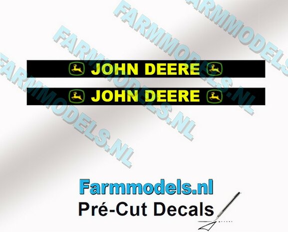 2x JOHN DEERE voorruit stickers GEEL (groen) op ZWARTE achtergrond 40 mm breed Pr&eacute;-Cut Decals 1:32 Farmmodels.nl 
