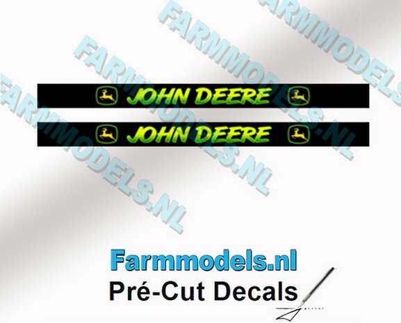 2x JOHN DEERE Sierletter voorruit stickers GEEL/ GROEN op ZWARTE achtergrond 40 mm breed Pr&eacute;-Cut Decals 1:32 Farmmodels.nl 