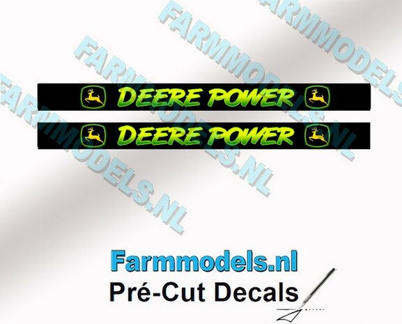 2x DEERE POWER Sierletter voorruit stickers GEEL/ GROEN op ZWARTE achtergrond 40 mm breed Pr&eacute;-Cut Decals 1:32 Farmmodels.nl 