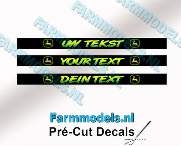 UW TEKST 3x Voorruitstickers John Deere stijl SIERLETTERS Pr&eacute;-Cut Decals met uw opgegeven tekst 1:32 Farmmodels.nl
