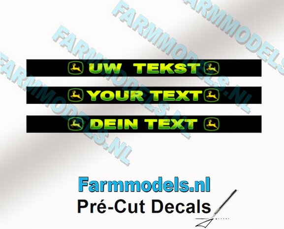 UW TEKST 3x Voorruitstickers John Deere stijl BLOKLETTERS Pr&eacute;-Cut Decals met uw opgegeven tekst 1:32 Farmmodels.nl