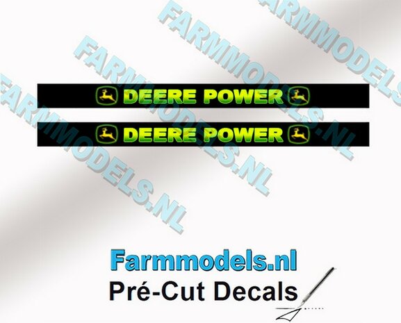 2x DEERE POWER Blokletters voorruit stickers GEEL/ GROEN op ZWARTE achtergrond 40 mm breed Pr&eacute;-Cut Decals 1:32 Farmmodels.nl 