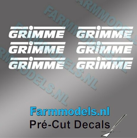 6x GRIMME stickers WIT op Transparant 1.2 mm hoog Pr&eacute;-Cut Decals 1:32 Farmmodels.nl 