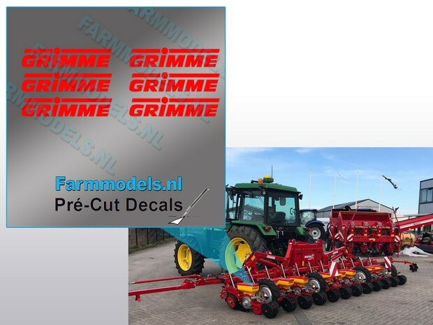 3x GRIMME stickers ROOD op Transparant 1.2 mm hoog Pr&eacute;-Cut Decals 1:32 Farmmodels.nl 