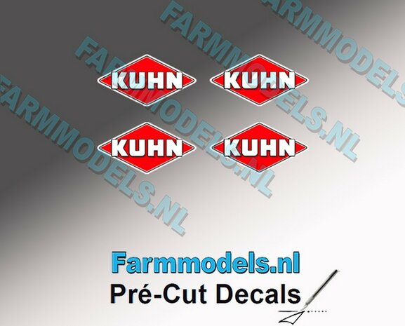 KUHN logo stickers 4x 2.5 mm hoog/ Pr&eacute;-Cut Decals 1:32 Farmmodels.nl 