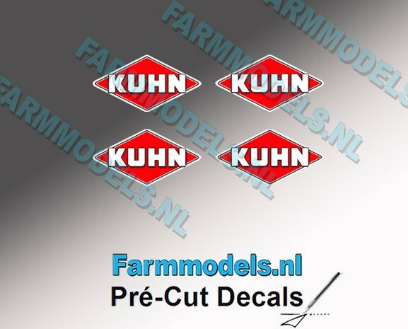KUHN logo stickers 4x 3 mm hoog/ Pr&eacute;-Cut Decals 1:32 Farmmodels.nl 