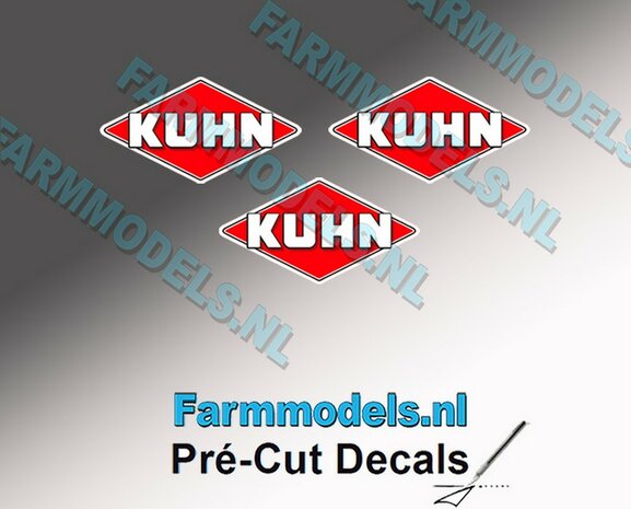KUHN logo stickers 3x 5 mm hoog/ Pr&eacute;-Cut Decals 1:32 Farmmodels.nl 