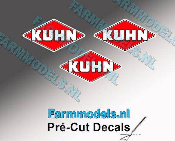 KUHN logo stickers 3x 6 mm hoog/ Pr&eacute;-Cut Decals 1:32 Farmmodels.nl 