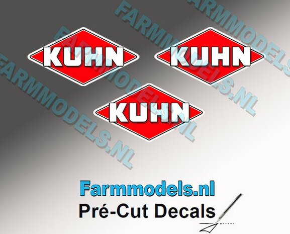 KUHN logo stickers 3x 7 mm hoog/ Pr&eacute;-Cut Decals 1:32 Farmmodels.nl 