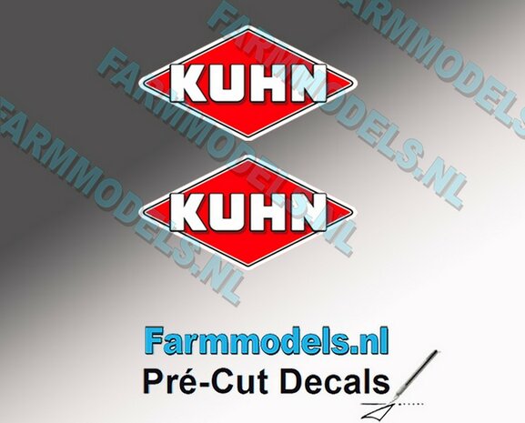 KUHN logo stickers 2x 10 mm hoog/ Pr&eacute;-Cut Decals 1:32 Farmmodels.nl 