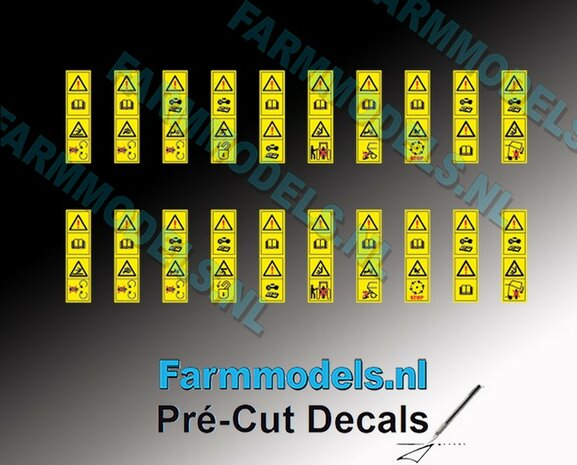 20x Gevaren-&amp; waarschuwingstickers 2-boven elkaar 8.8 mm hoog Pr&eacute;-Cut Decals 1:32 Farmmodels.nl