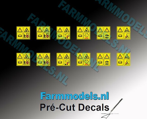 12x Gevaren-&amp; waarschuwingstickers 2-tjes 4.4 mm hoog Pr&eacute;-Cut Decals 1:32 Farmmodels.nl