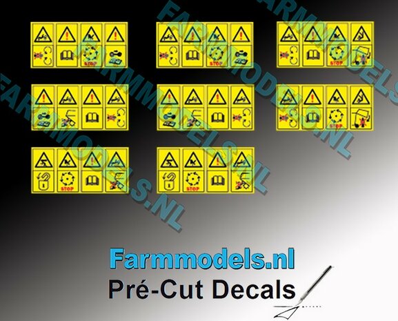 8x Gevaren-&amp; waarschuwingstickers 4-tjes 5.6 mm hoog Pr&eacute;-Cut Decals 1:32 Farmmodels.nl
